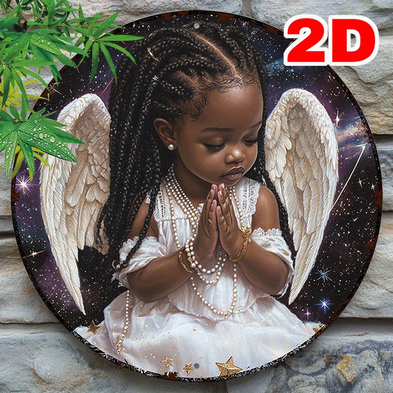 1pc 7.87x7.87 Inch Round Aluminum Sign Angelic Wall Art with Golden Wings Pearl Necklace Starry Night Sky Design Perfect for Bedroom Home Decor Inspirational Wall Decor