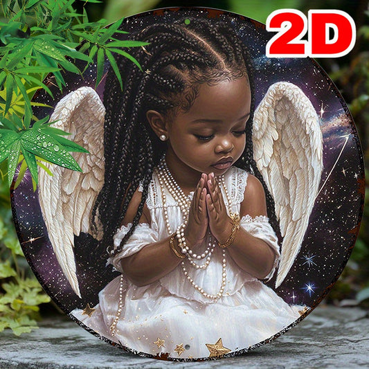 1pc 7.87x7.87 Inch Round Aluminum Sign Angelic Wall Art with Golden Wings Pearl Necklace Starry Night Sky Design Perfect for Bedroom Home Decor Inspirational Wall Decor