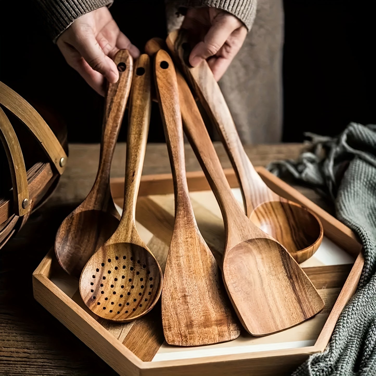 Premium Wooden 5pcs Kitchen Utensils Set with Ergonomic Handles