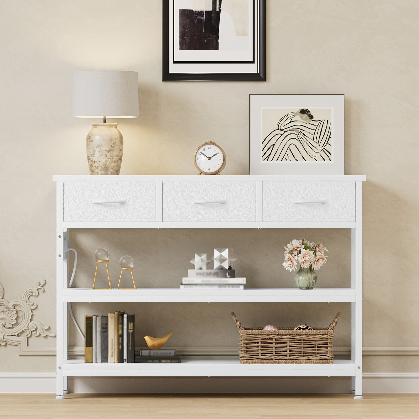 AOWOS 3-Tier Console Table with Charging Station Rustic Modern Narrow Sofa Table with Adjustable Feet and Breathable Fabric Drawers Hardwood Entryway Organizer for Hallway and Living