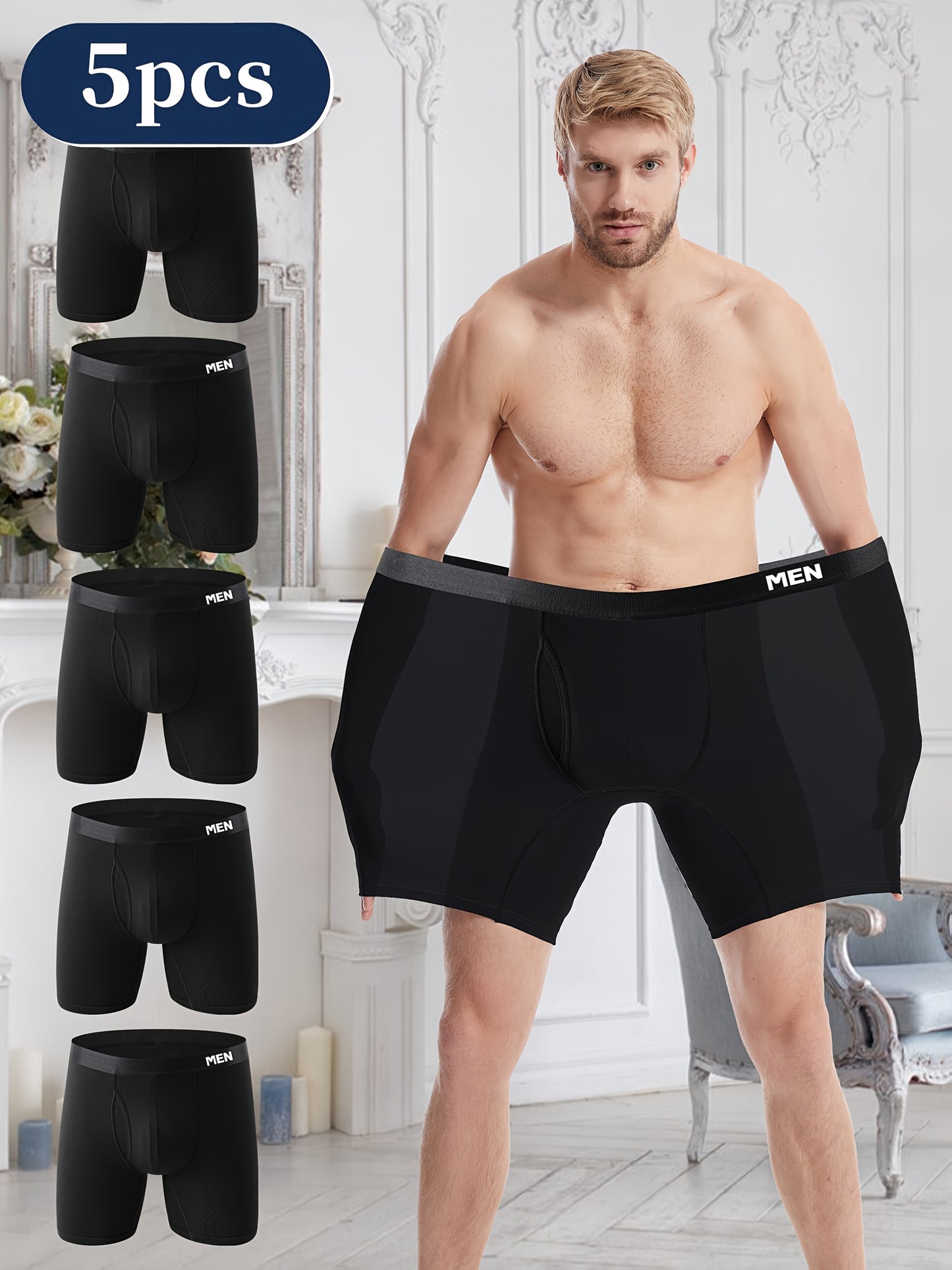 5pcs Extra High, Wide, And Soft Front-Opening Men's Long Boxers in Plus Size