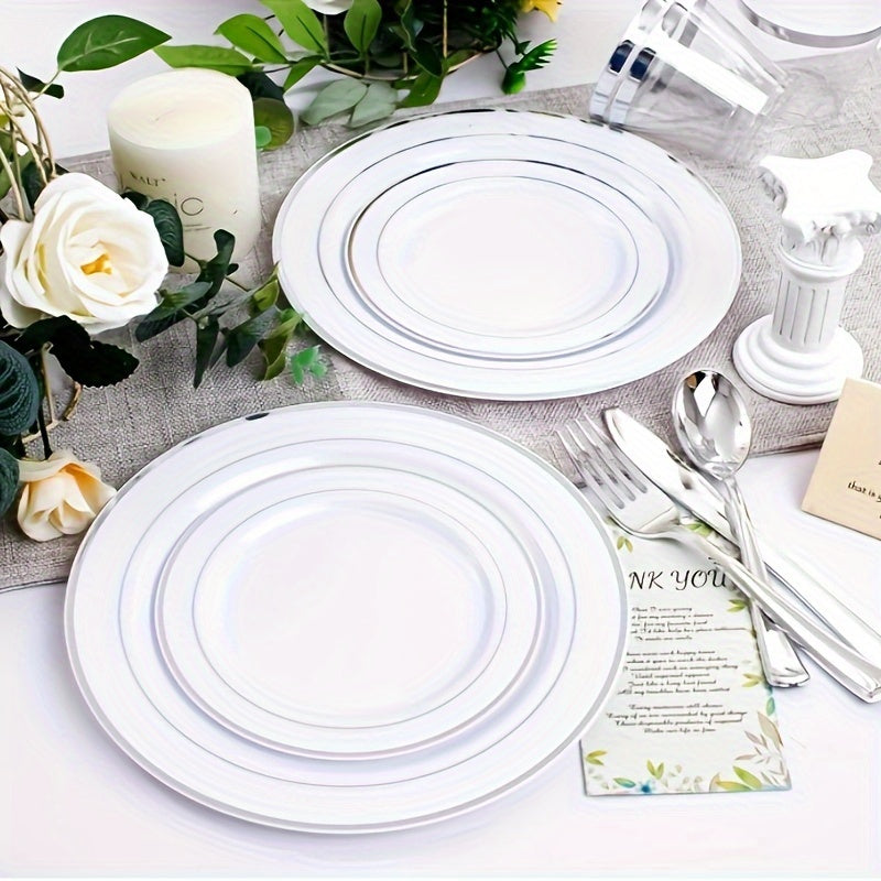 A Set Of Silvery Disposable Tableware For Weddings And Parties