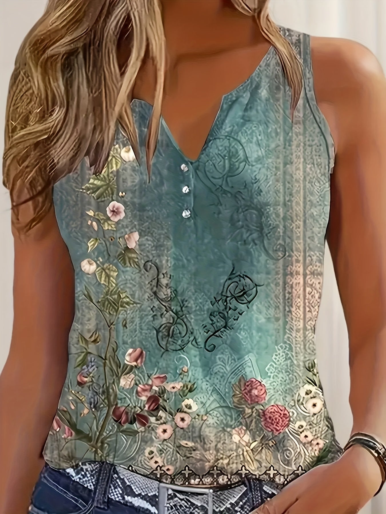Women's Floral Print V-Neck Tank Top Sleeveless Blue Lace Blouse