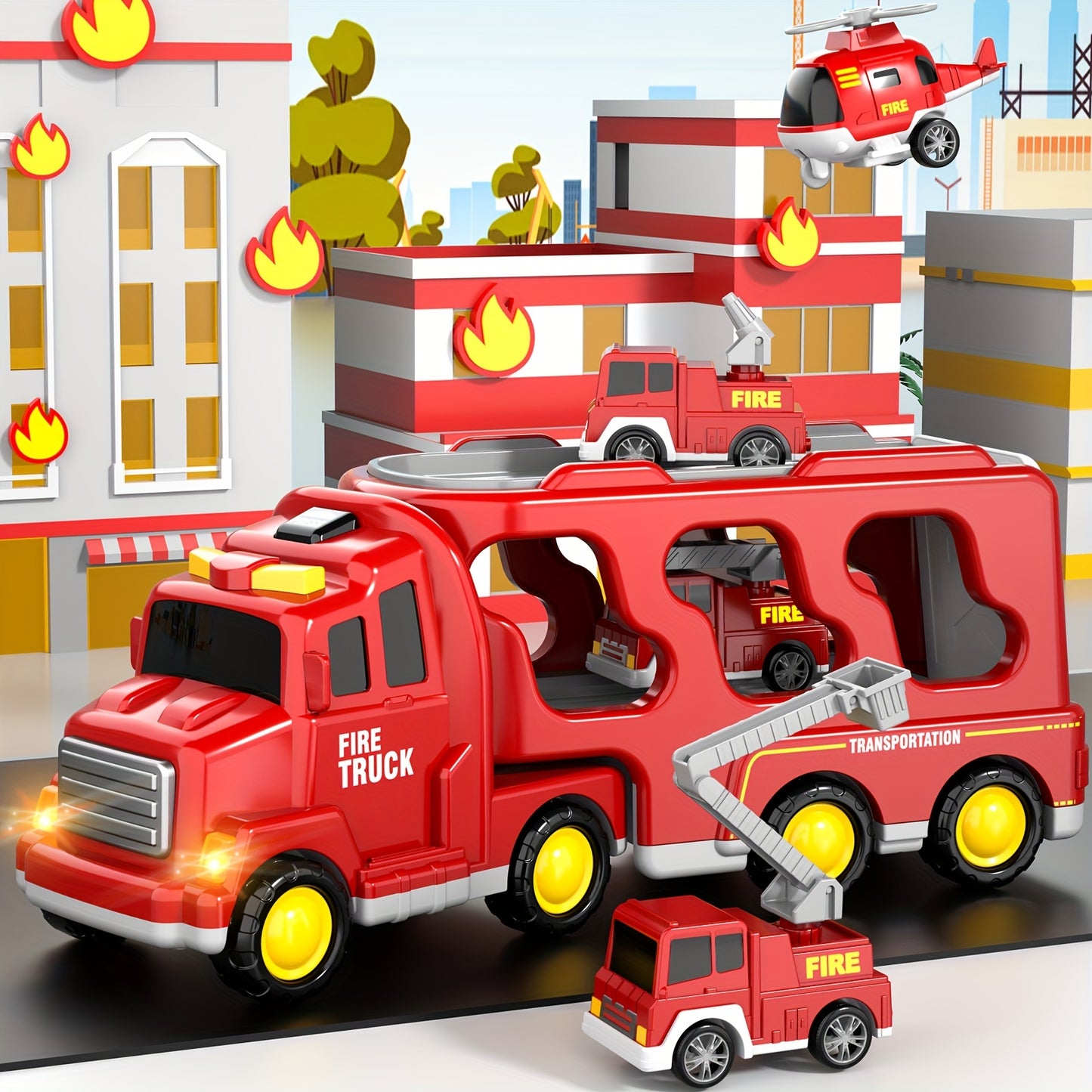 Fire Trucks | Toys 5 In 1 Kids Carrier Fire Truck Cars