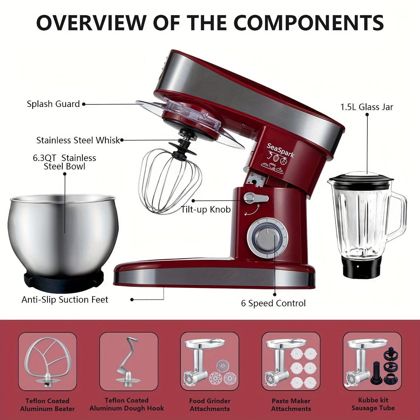 6-in-1 Electric Mixer with 6.3QT Bowl and Accessories