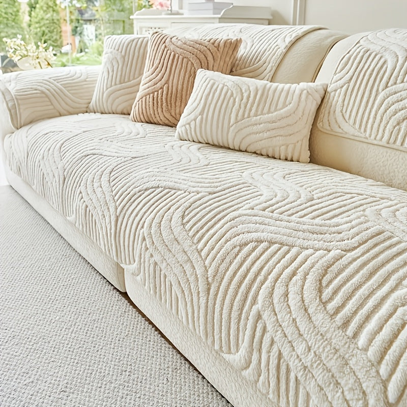Elegant Plush Sofa Cover Black and Cream Non Slip Pet Friendly Breathable 100 Percent Polyester Machine Washable