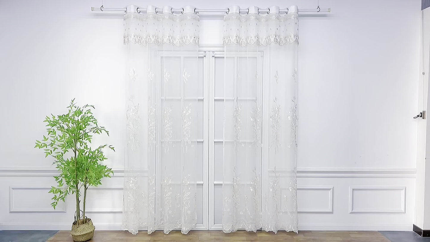 2pcs Tiyana Sheer Curtains with Golden Embroidery Elegant Floral Pattern Lightweight Polyester Grommet Top for Living Room and Bedroom All Season Thermal Insulation French Style Home Decor