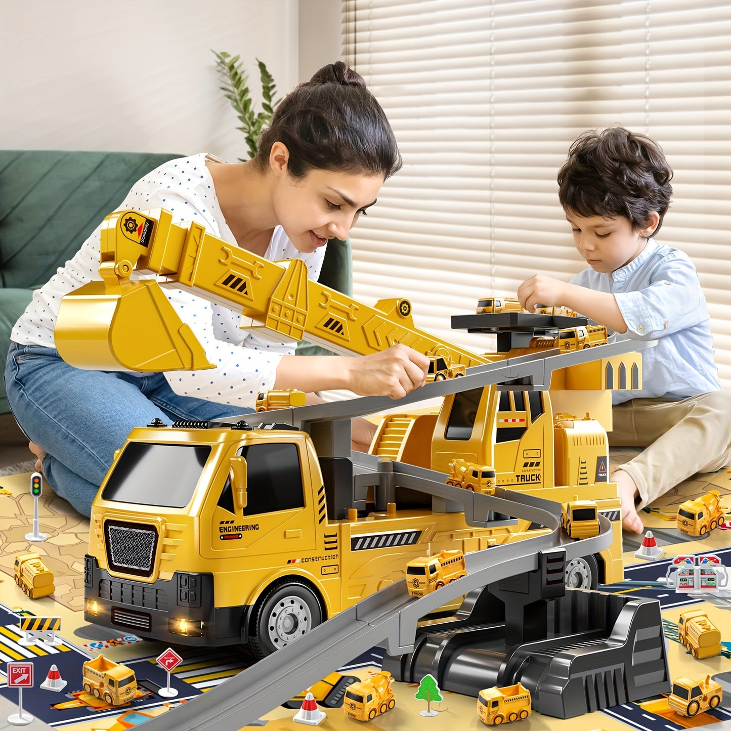 Babyhome Crane Excavator Toy with Cars Race Track Play Set for Boys Age 3 to 7 Construction Vehicle with Light and Sound Birthday Christmas Easter Gifts