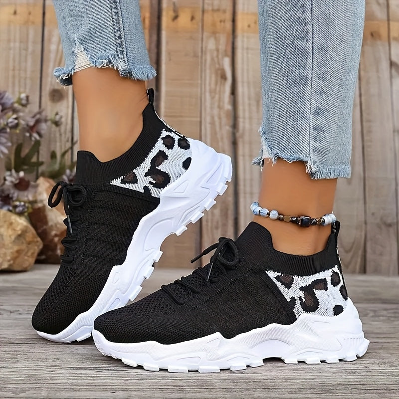 Leopard Print Sneakers Lightweight Women's Mesh Lace-Up Shoes