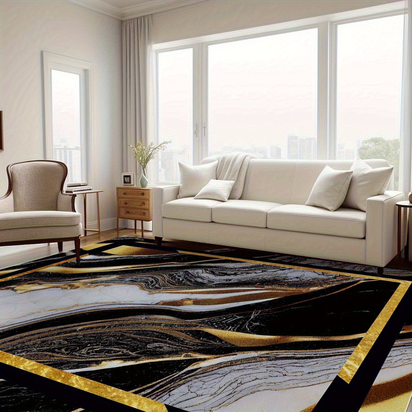 Luxury Retro Abstract Geometric Crystal Mat Non Slip Machine Washable Soft Polyester Indoor Mat with Rubber Backing Black and Golden Design for Living Room Bedroom Large Sizes Available