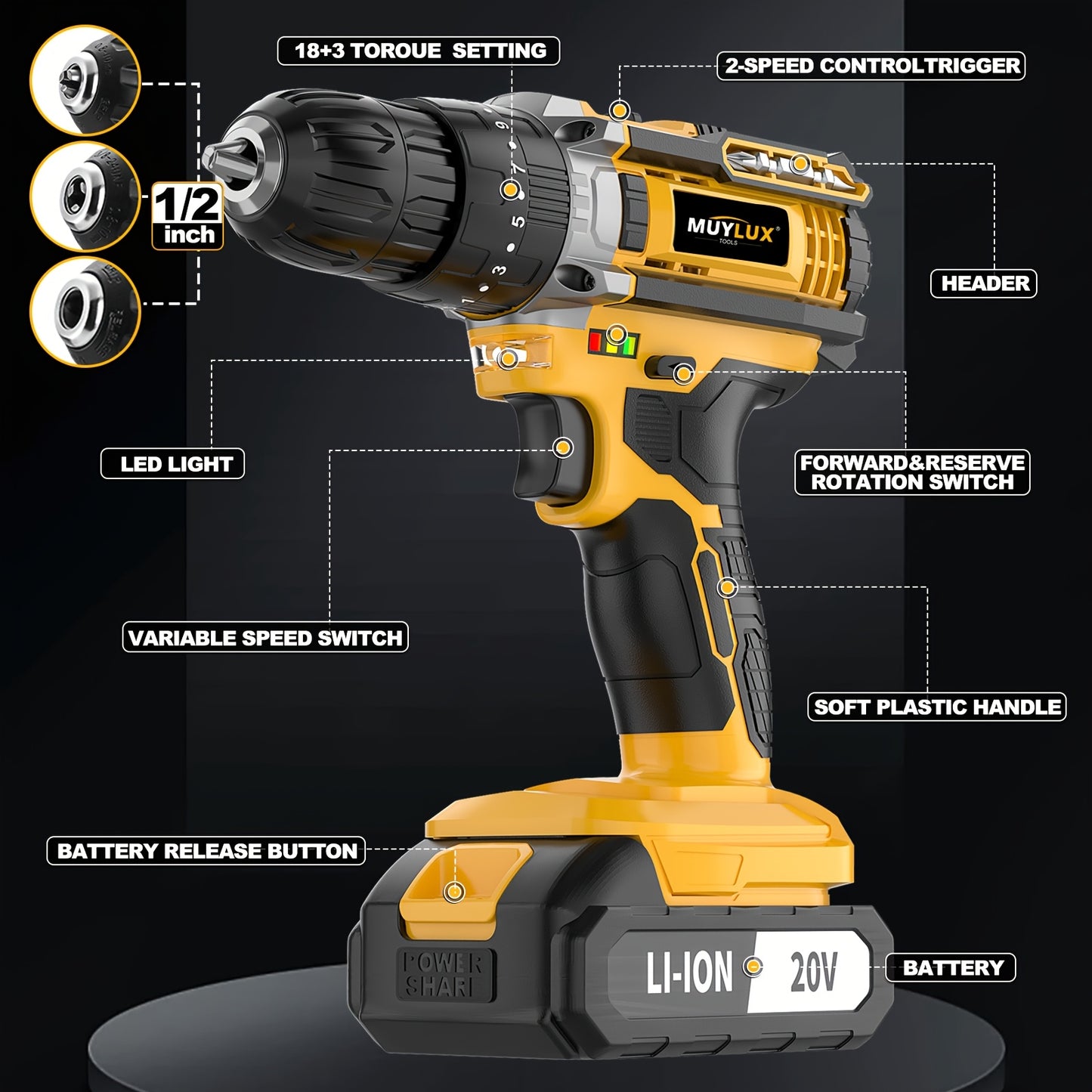 20V Cordless Drill Set With 3/8 Inch Keyless Chuck