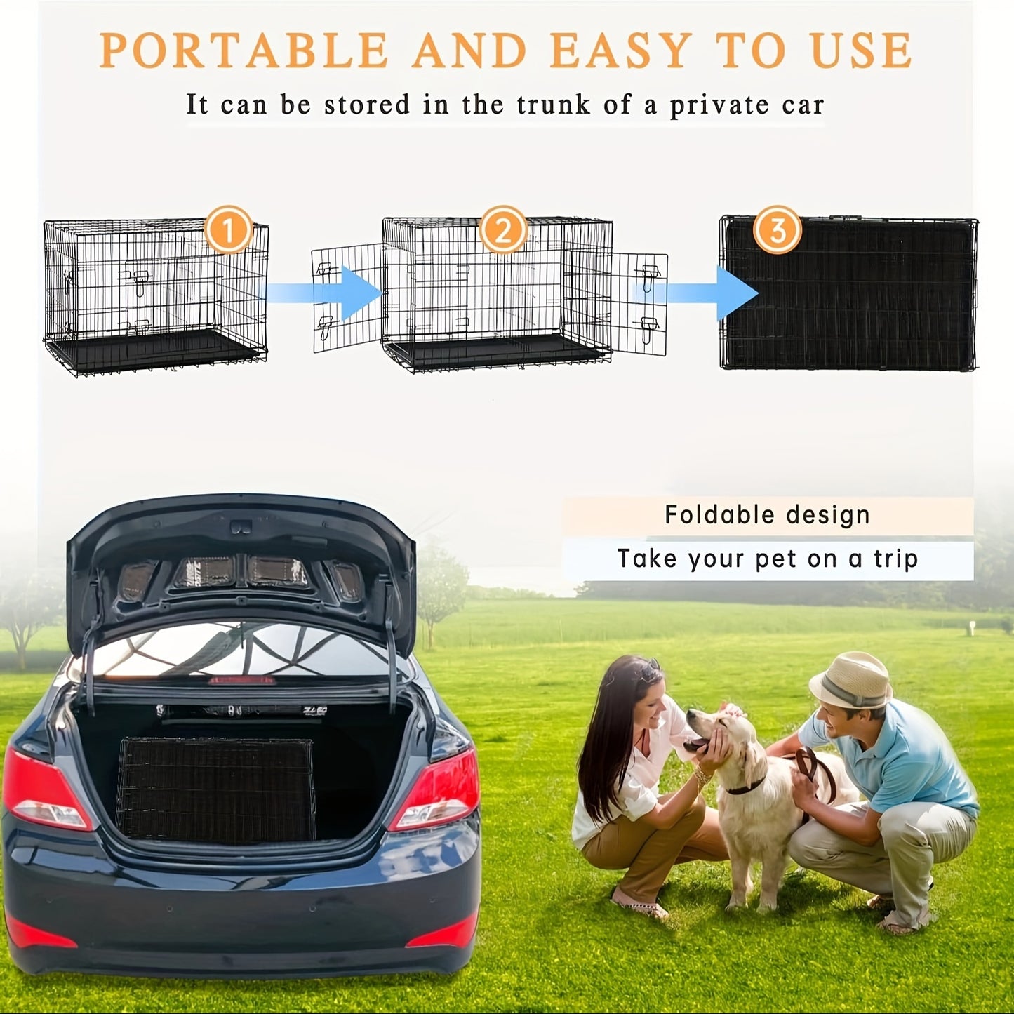 Double Door Metal Crate for Medium to Large Dogs