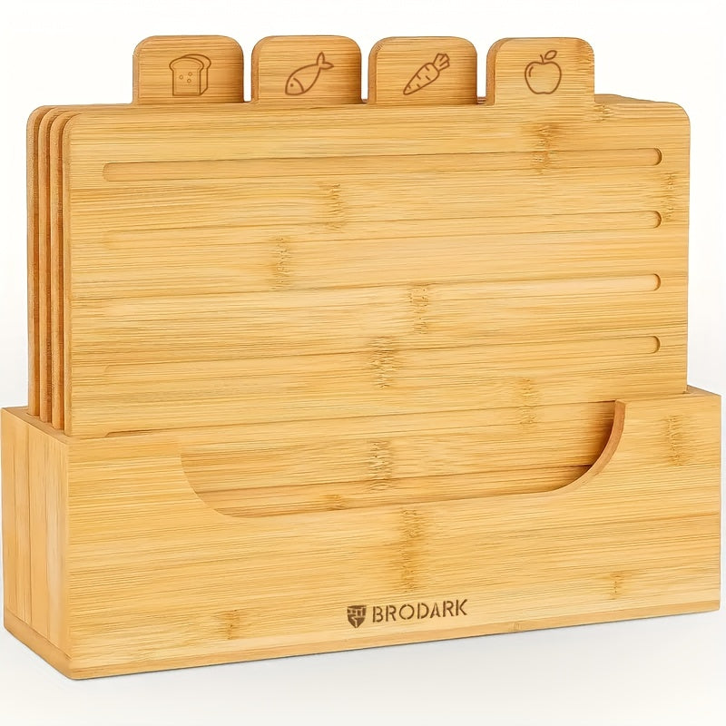 Wooden Cutting Boards For Kitchen Bamboo Cutting Board Set Of 4 With Holder Butcher Block Chopping Meat Cutting Board Built In Compartments Juice Groove With Food Icons Bread Vegetables Fruit