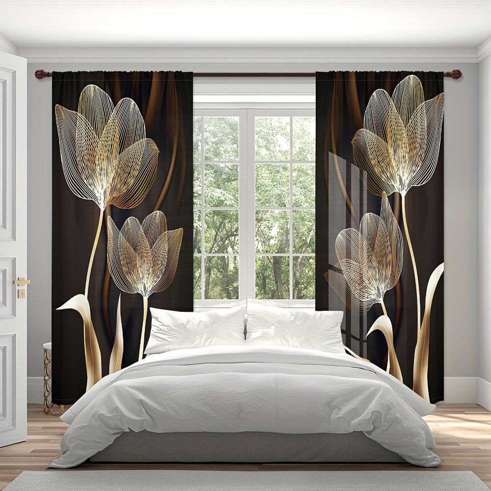 2 Panels Elegant Golden And Black Flower Pattern Printed Curtains Luxury Art Style Semi Blackout Rod Pocket For Living Room Bedroom Dining Room Kitchen Balcony Holiday Anniversary