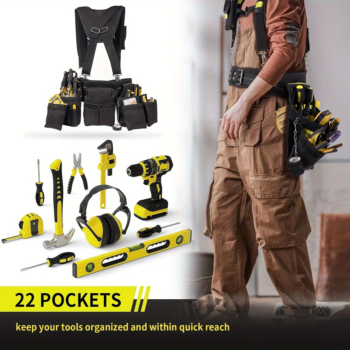 LALA IKAI Tool Belt With Suspenders 22 Pockets Nylon