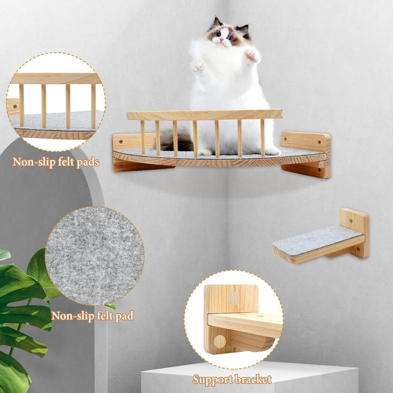 5pcs Wall Mounted Cat Rack with 4 Steps and Felt Padded Wooden Cat Bed Hammock in Black White and Wood