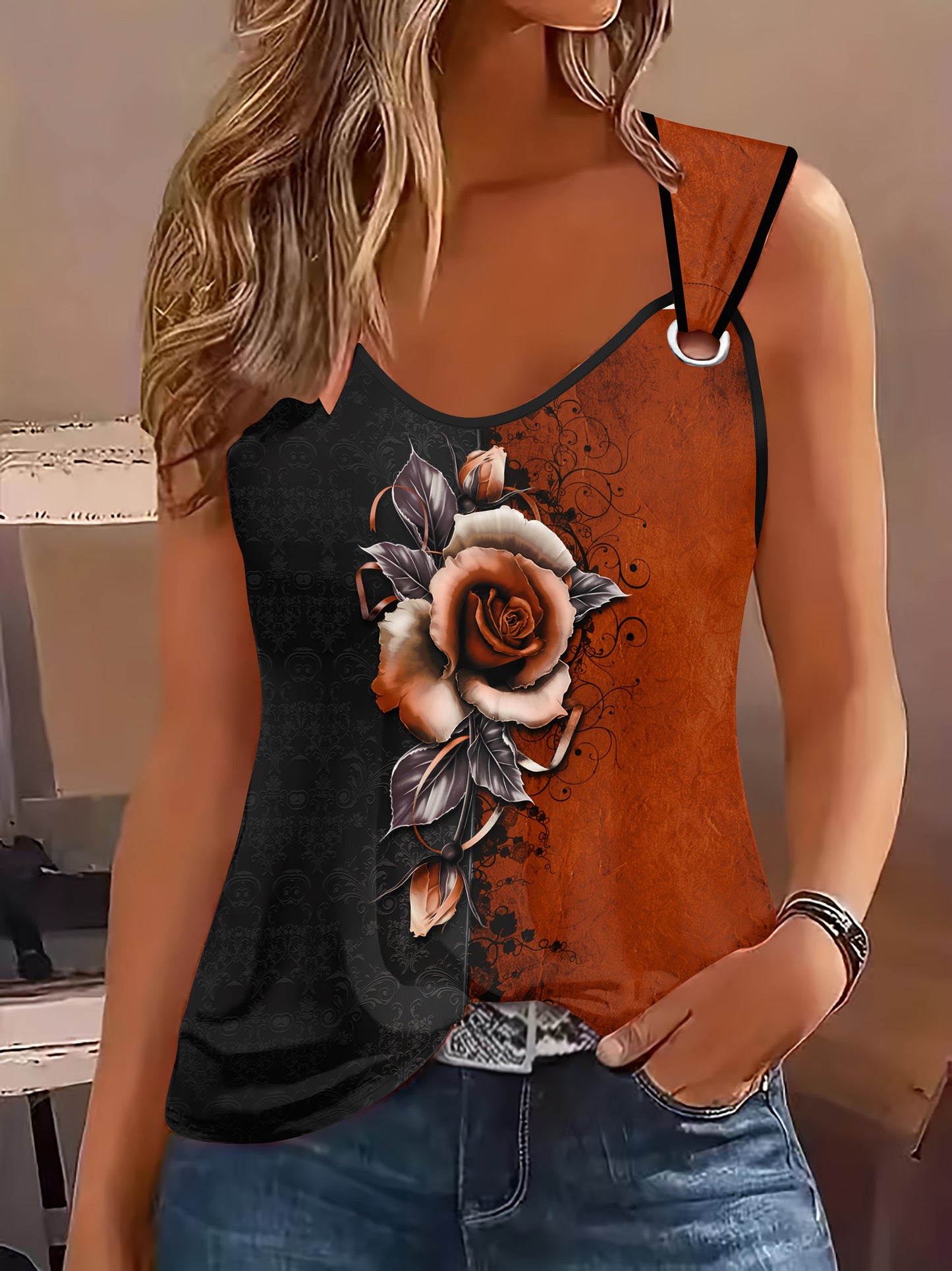 Elegant V-Neck Floral Print Tank Top for Women Summer Wear