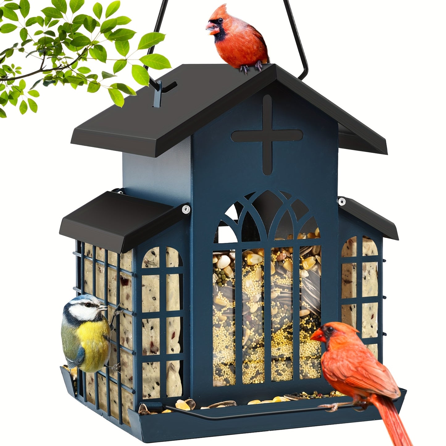 Metal Bird Feeder with Three Mesh Side Cages Large Capacity Outdoor Hanging Feeder for Cardinals Finches Chickadees Durable Weather Resistant Design