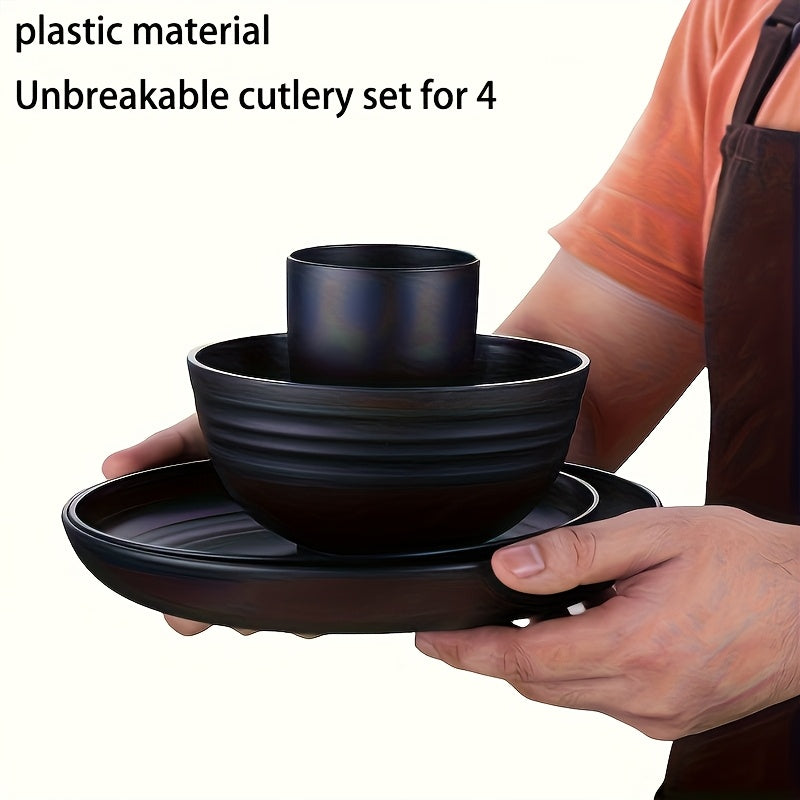 Shatterproof Tableware 16pcs Set Indestructible Black Set