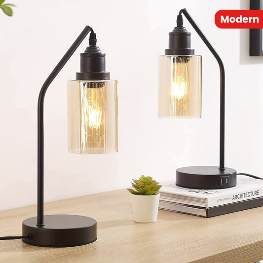 Matte Black 2 Pack 16 Inch Industrial Nightstand Table Lamp 3 Way Dimmable Touch Control Amber Glass Shade Dual USB Charging Ports Includes LED Filament Bulbs Small Desk Lamp for Living Room Bedroom Home Office
