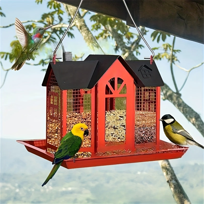 Metal Mesh Bird Feeder For Outdoor Hanging With Waterproof Roof And Seed Tray Large Capacity 4 Lbs For Garden Decoration