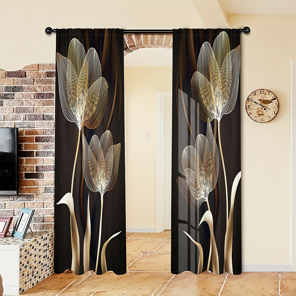 2 Panels Elegant Golden And Black Flower Pattern Printed Curtains Luxury Art Style Semi Blackout Rod Pocket For Living Room Bedroom Dining Room Kitchen Balcony Holiday Anniversary