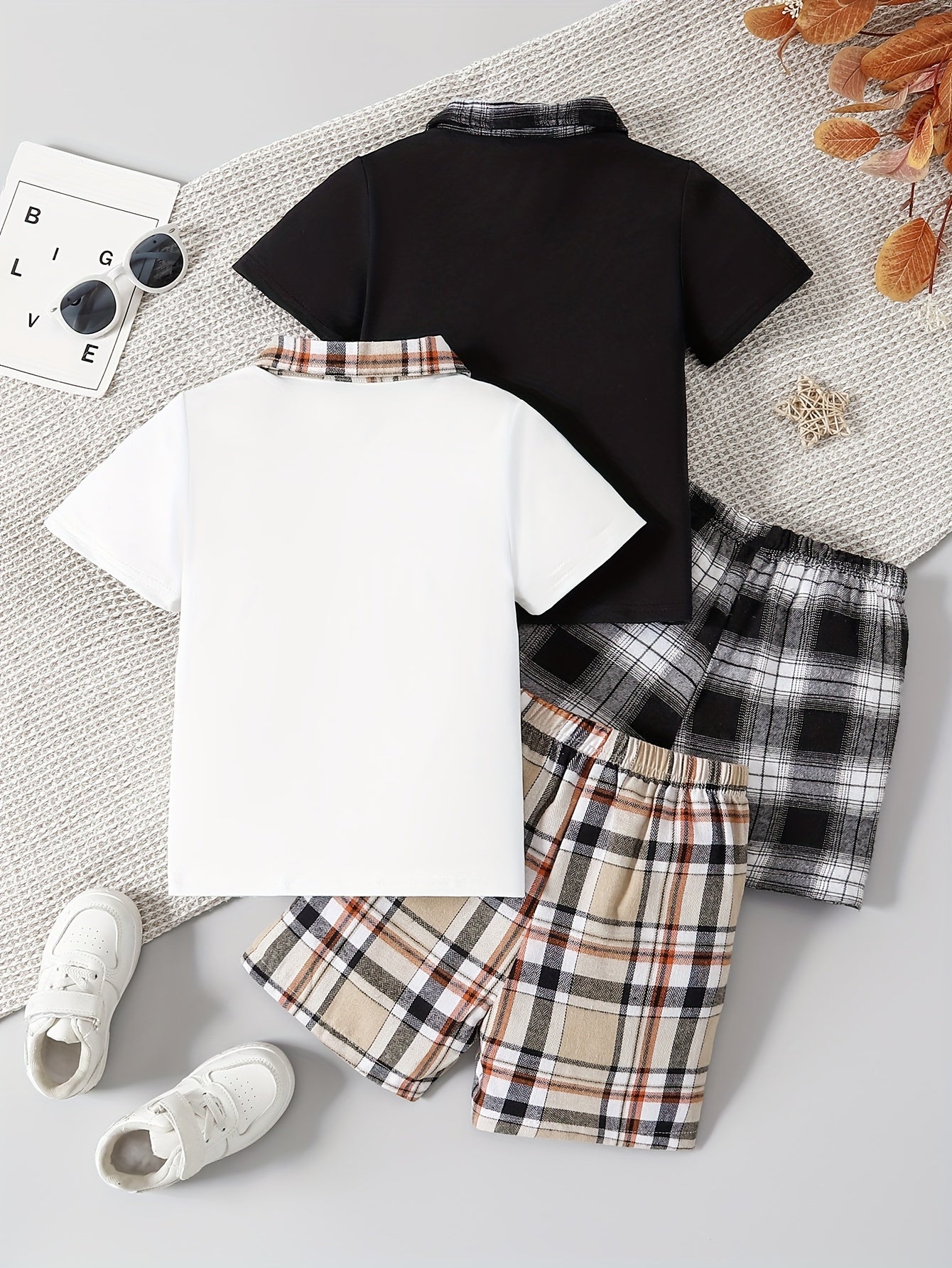 Boys Simple Casual Plaid Shirt Short Sleeve Shorts Set 4pcs