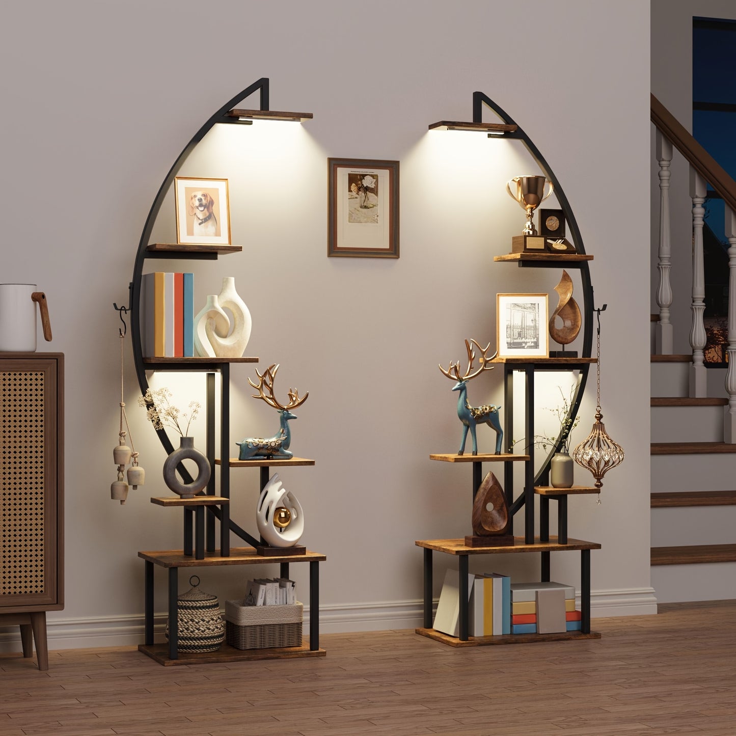 65 Inch Multi Functional Metal Black and Brown 7 Tiered Two Piece Bookshelf with Lights Wooden Bookcase for Books Handicraft Decorations Frames Multiple Corner Display Stand for Living Room Study Room Bedroom Hallway Good Gift Choice