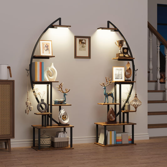 65 Inch Multi Functional Metal Black and Brown 7 Tiered Two Piece Bookshelf with Lights Wooden Bookcase for Books Handicraft Decorations Frames Multiple Corner Display Stand for Living Room Study Room Bedroom Hallway Good Gift Choice