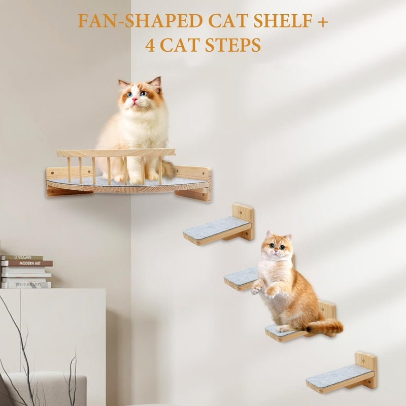 5pcs Wall Mounted Cat Rack with 4 Steps and Felt Padded Wooden Cat Bed Hammock in Black White and Wood