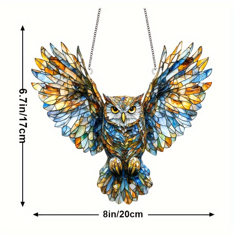 1pc Stained Glass Owl Suncatcher 6.7 Inch X 8 Inch Plastic Animal Theme Hanging Decoration Perfect for Christmas Home and Office Murals Unique Birthday and Anniversary Gift for Her Holiday Room and Outdoor Decor