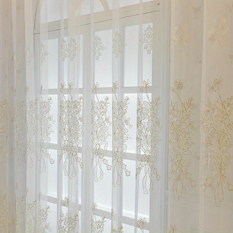 2pcs Tiyana Sheer Curtains with Golden Embroidery Elegant Floral Pattern Lightweight Polyester Grommet Top for Living Room and Bedroom All Season Thermal Insulation French Style Home Decor
