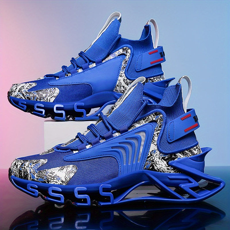 Men's Fashion Athletic Sneakers - Blue with White & Red Accents, Breathable Fabric Lining, Rubber Sole, Round Toe, Plus Size Available