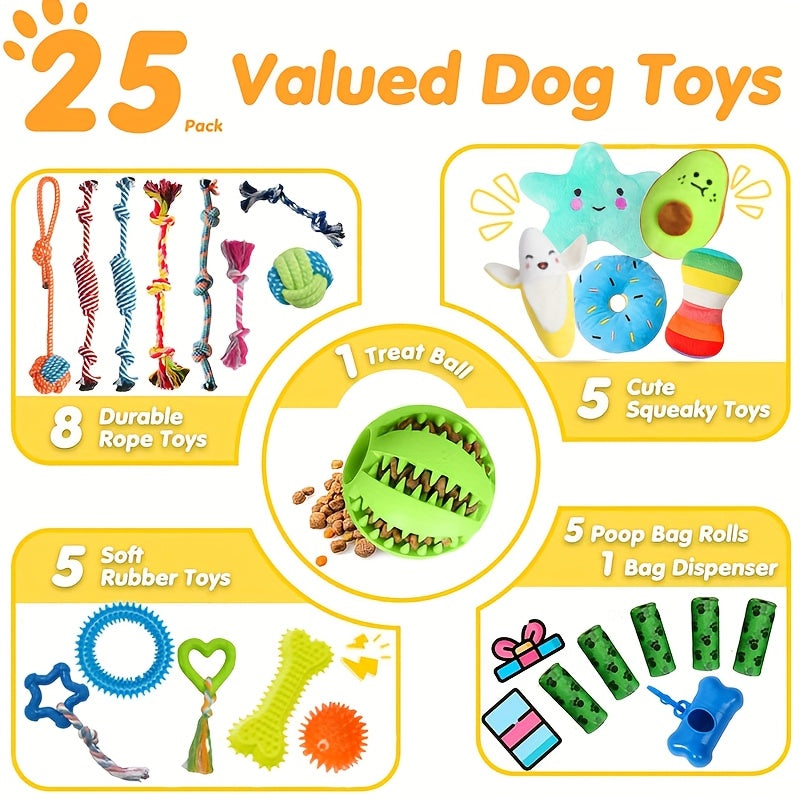 25pcs Set Of Dog Bite Toys Dog Chew Toys For Cleaning And Teeth Cleaning Dog Vocalization Toys Dog Teething Toys Dog Leash Toy Set Suitable For Puppies