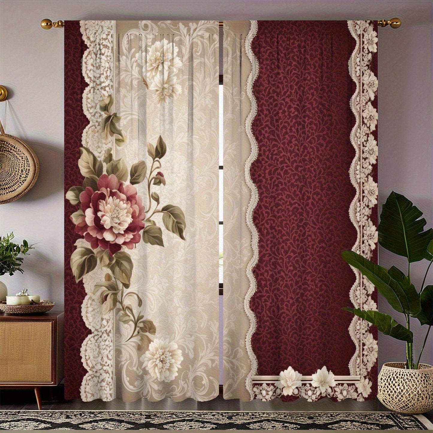 Elegant Floral and Paisley Lace Edge Curtains Set of 2 Red and White Semi-Transparent Polyester Rod Pocket Design Perfect for Living Room Bedroom and Study Machine Washable Durable Microfiber