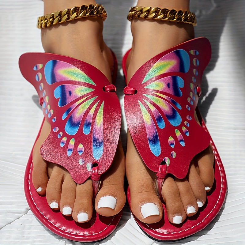 Women's Butterfly Flip Flops, Faux Leather Thong Slippers