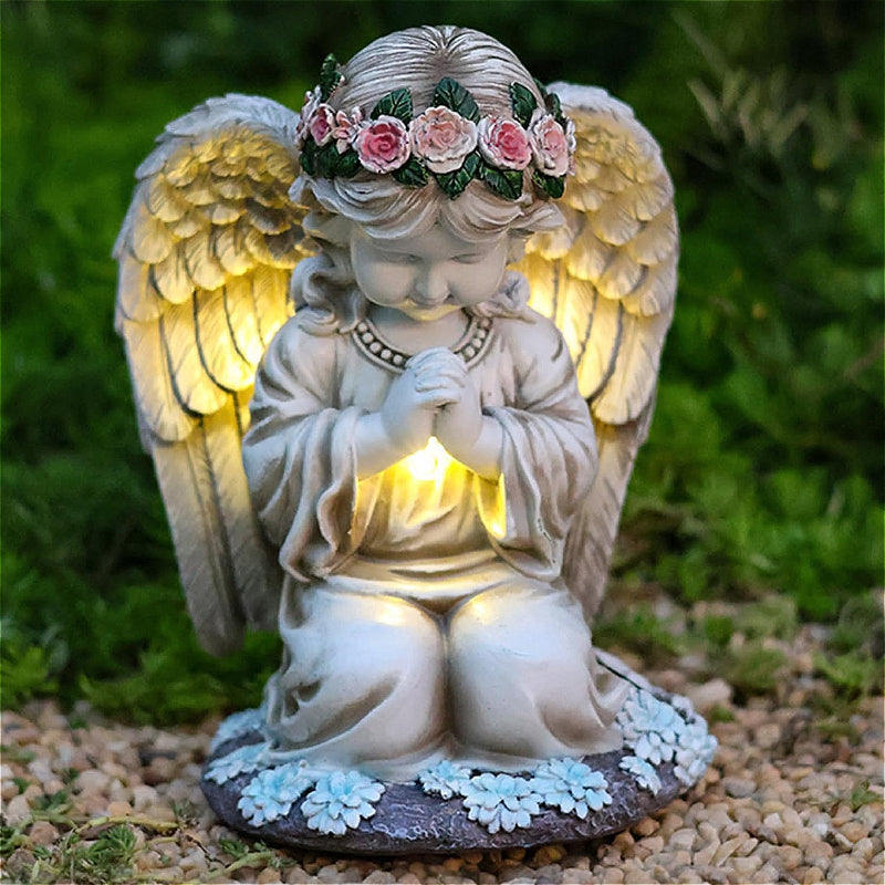 Solar Angel Garden Statue Outdoor Lawn Decor Figurine with LED Lights Resin Flower Sculpture Art Housewarming Gift for Yard Fairy Backyard Patio Porch Balcony