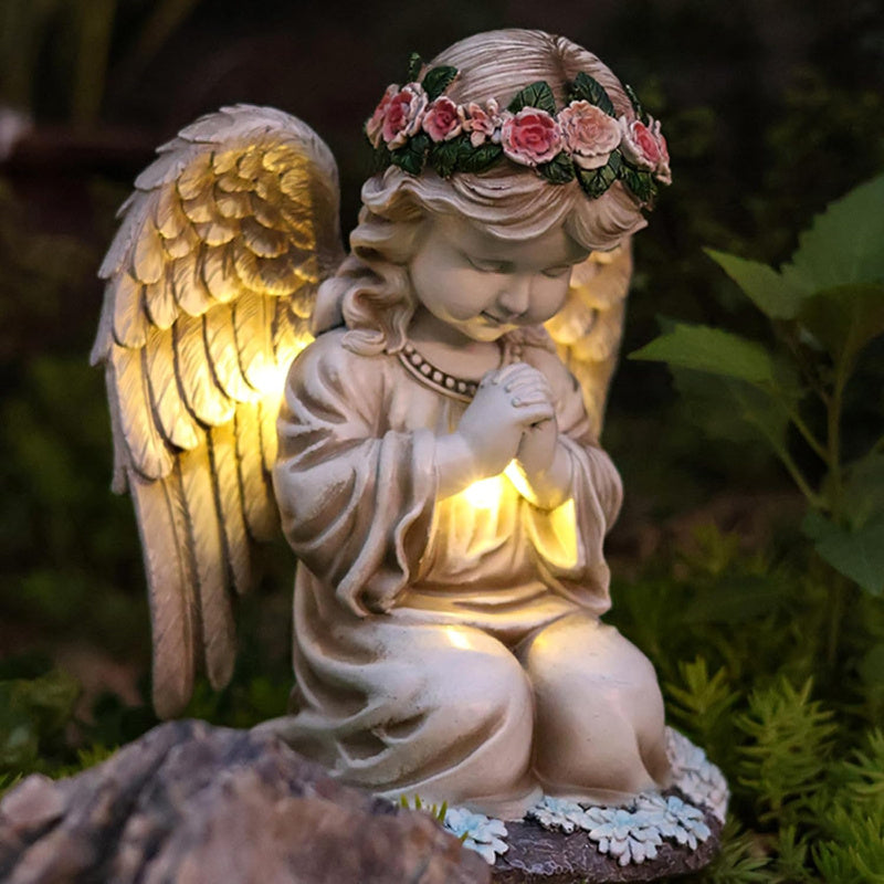 Solar Angel Garden Statue Outdoor Lawn Decor Figurine with LED Lights Resin Flower Sculpture Art Housewarming Gift for Yard Fairy Backyard Patio Porch Balcony