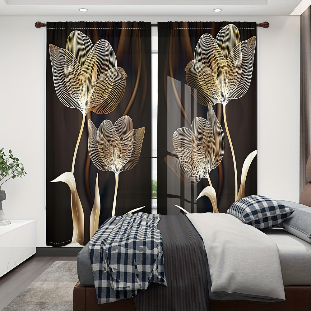 2 Panels Elegant Golden And Black Flower Pattern Printed Curtains Luxury Art Style Semi Blackout Rod Pocket For Living Room Bedroom Dining Room Kitchen Balcony Holiday Anniversary