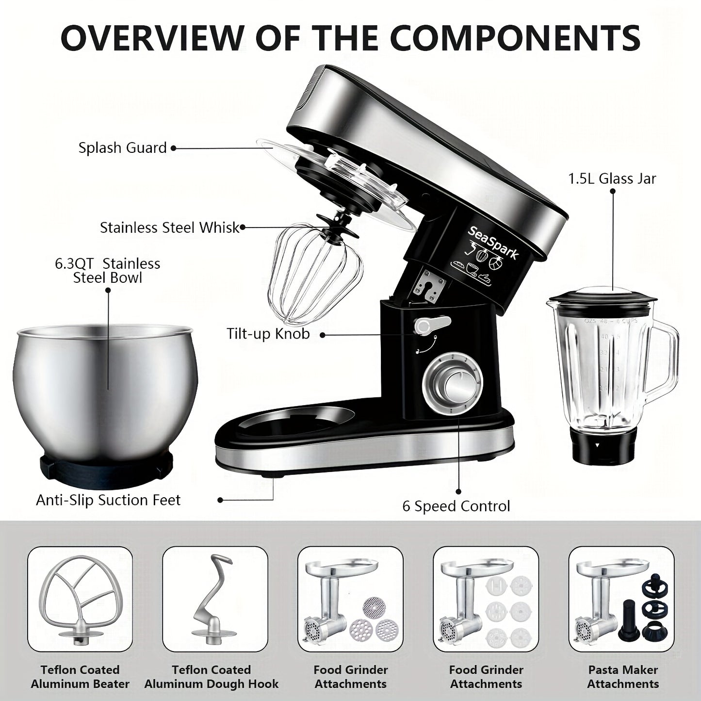 6-in-1 Electric Mixer with 6.3QT Bowl and Accessories