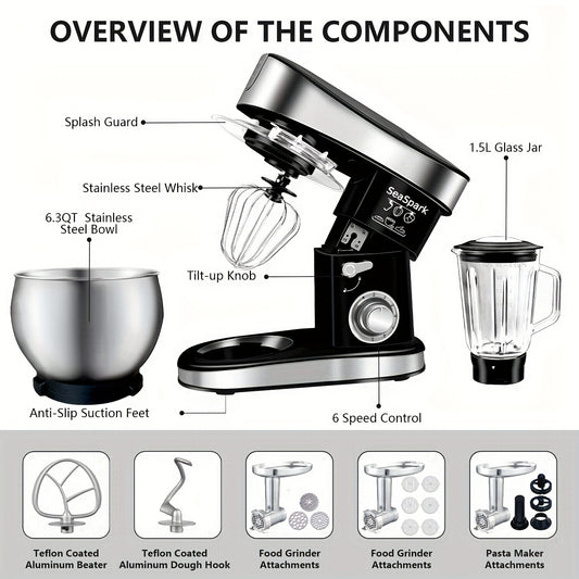 6-in-1 Electric Mixer with 6.3QT Bowl and Accessories
