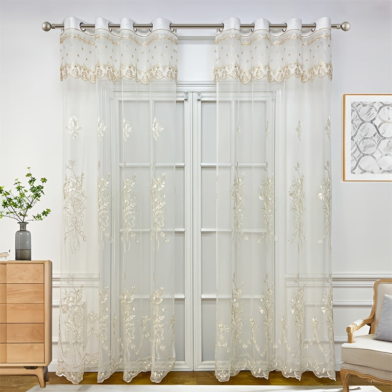 2pcs Tiyana Sheer Curtains with Golden Embroidery Elegant Floral Pattern Lightweight Polyester Grommet Top for Living Room and Bedroom All Season Thermal Insulation French Style Home Decor