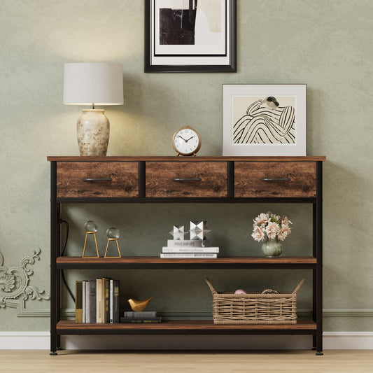 AOWOS 3-Tier Console Table with Charging Station Rustic Modern Narrow Sofa Table with Adjustable Feet and Breathable Fabric Drawers Hardwood Entryway Organizer for Hallway and Living