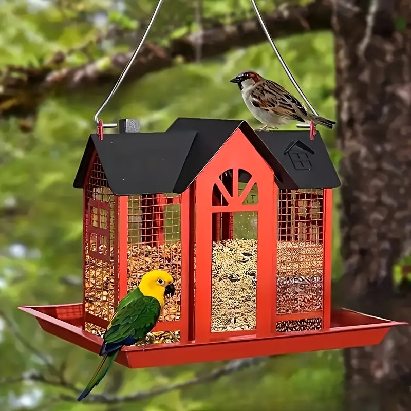 Metal Mesh Bird Feeder For Outdoor Hanging With Waterproof Roof And Seed Tray Large Capacity 4 Lbs For Garden Decoration