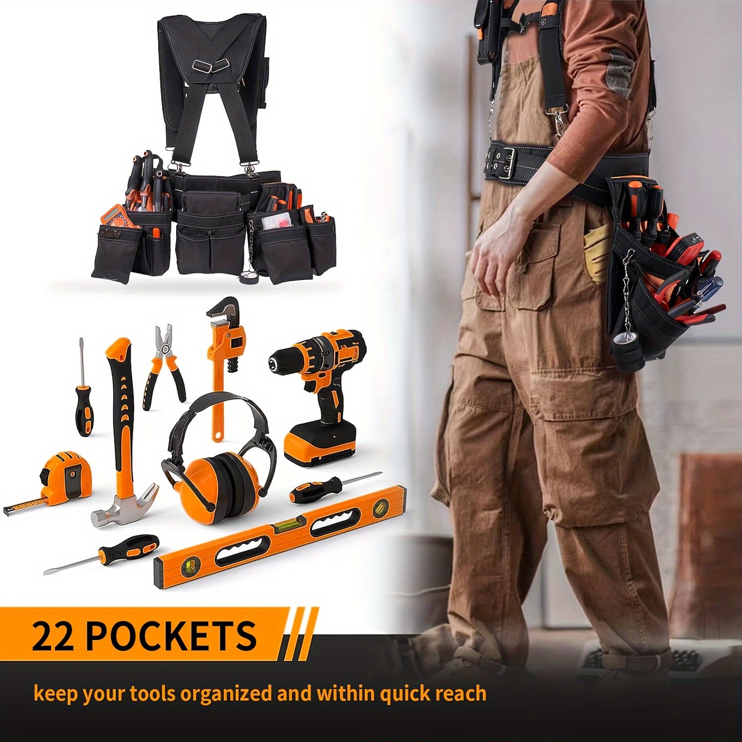 LALA IKAI Tool Belt With Suspenders 22 Pockets Nylon