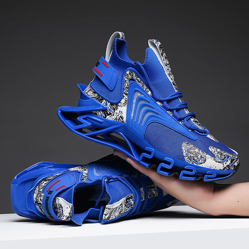 Men's Fashion Athletic Sneakers - Blue with White & Red Accents, Breathable Fabric Lining, Rubber Sole, Round Toe, Plus Size Available