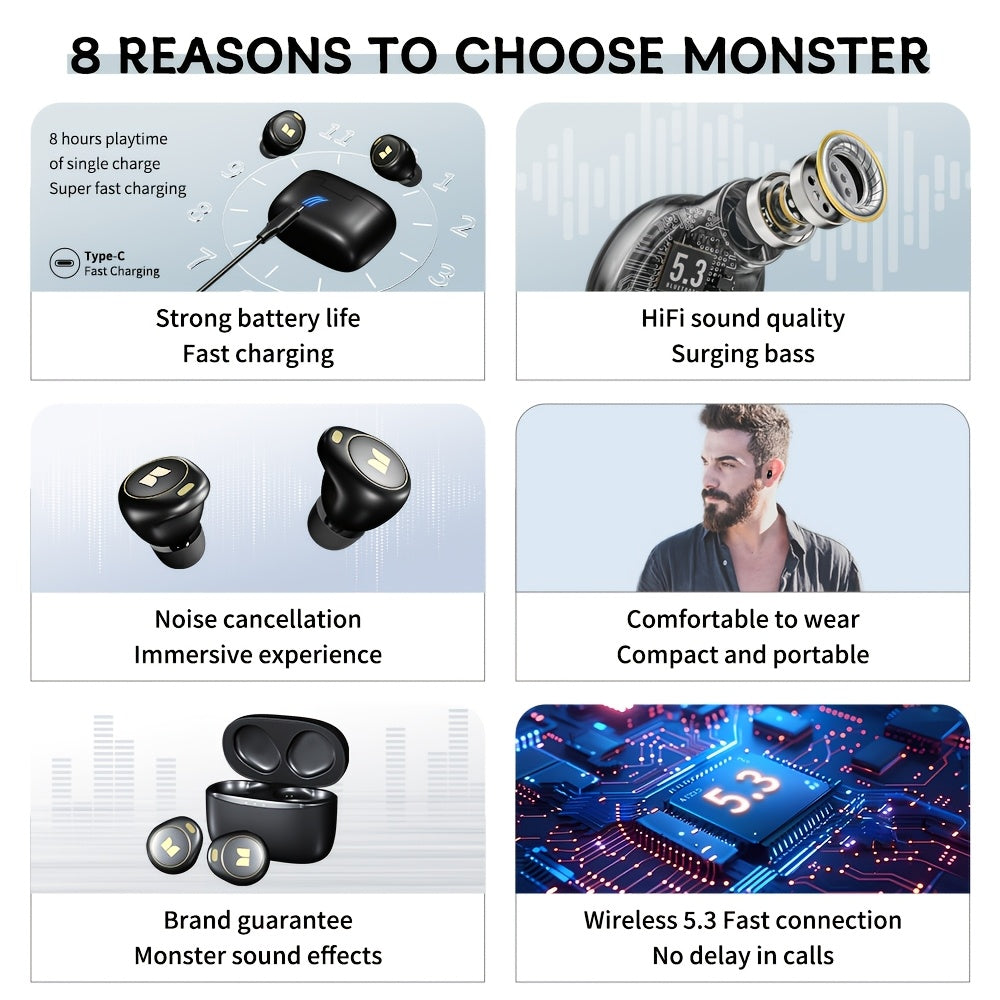 Noise Cancellation Monster Wireless Earbuds with Touch Control