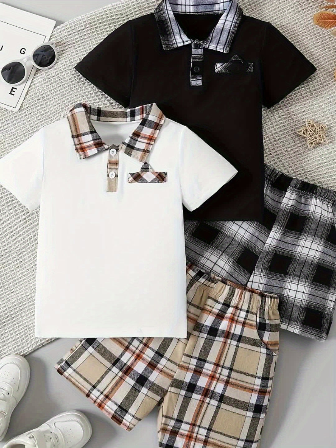 Boys Simple Casual Plaid Shirt Short Sleeve Shorts Set 4pcs