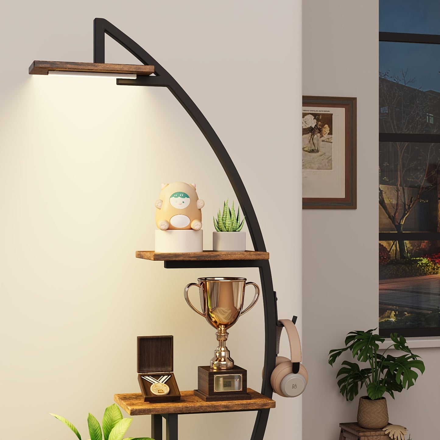 65 Inch Multi Functional Metal Black and Brown 7 Tiered Two Piece Bookshelf with Lights Wooden Bookcase for Books Handicraft Decorations Frames Multiple Corner Display Stand for Living Room Study Room Bedroom Hallway Good Gift Choice