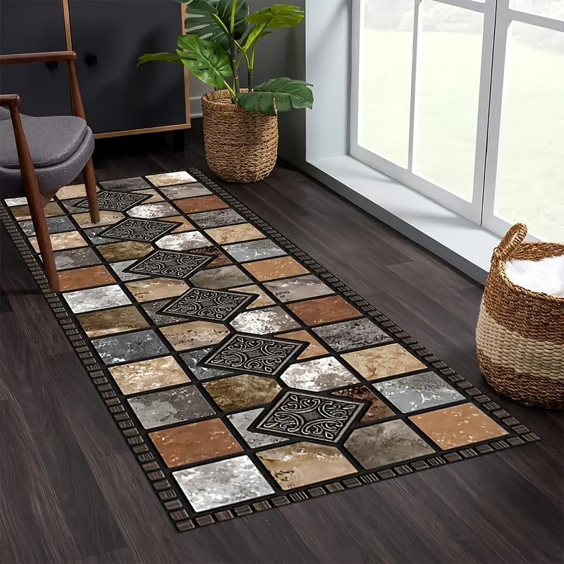 1pc Luxury Crystal Velvet Non-Slip Kitchen Pad White Beige and Brown Elegant Marble Pattern Machine Washable Polyester Mat Suitable for Kitchen Bathroom Bedroom and Corridor Decoration Kitchen Carpet